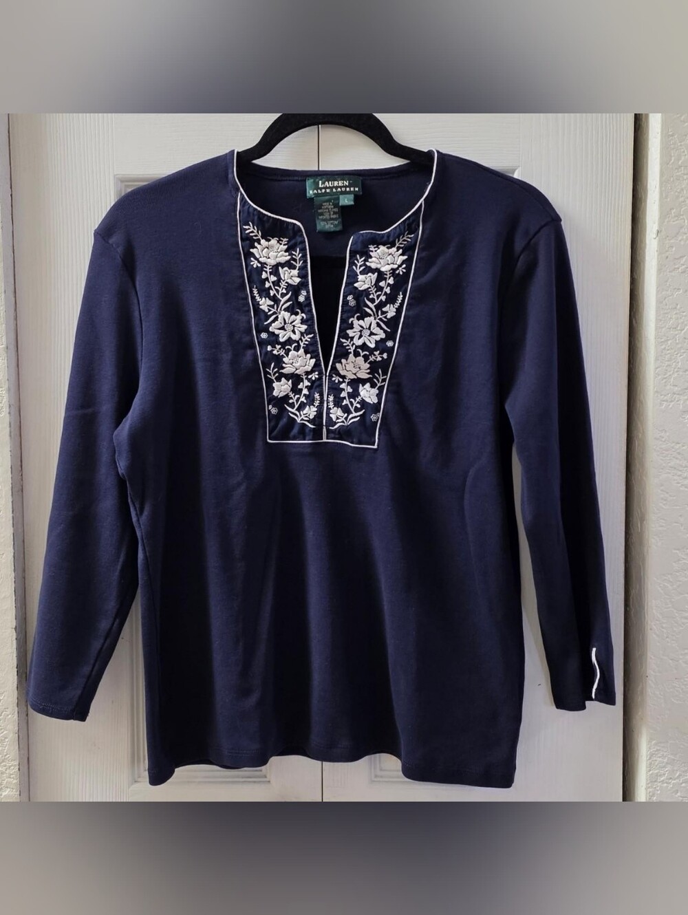 Lauren Ralph Lauren Navy Embroidered Split-Neck Tee, Sz L